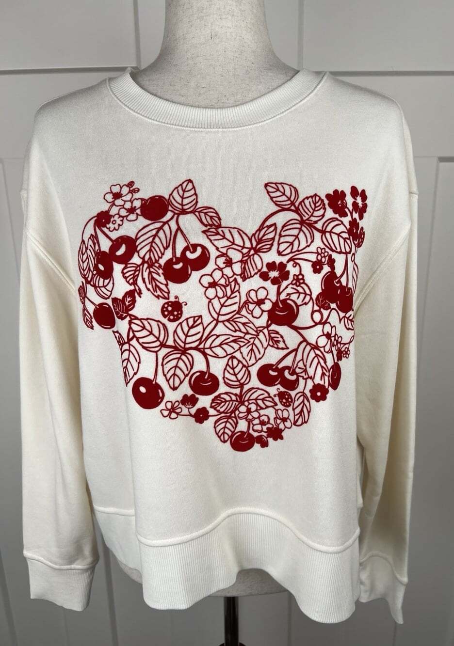Jane + Delancey Sweatshirt Womens S Ivory Red Flocked Cherry Heart Floral